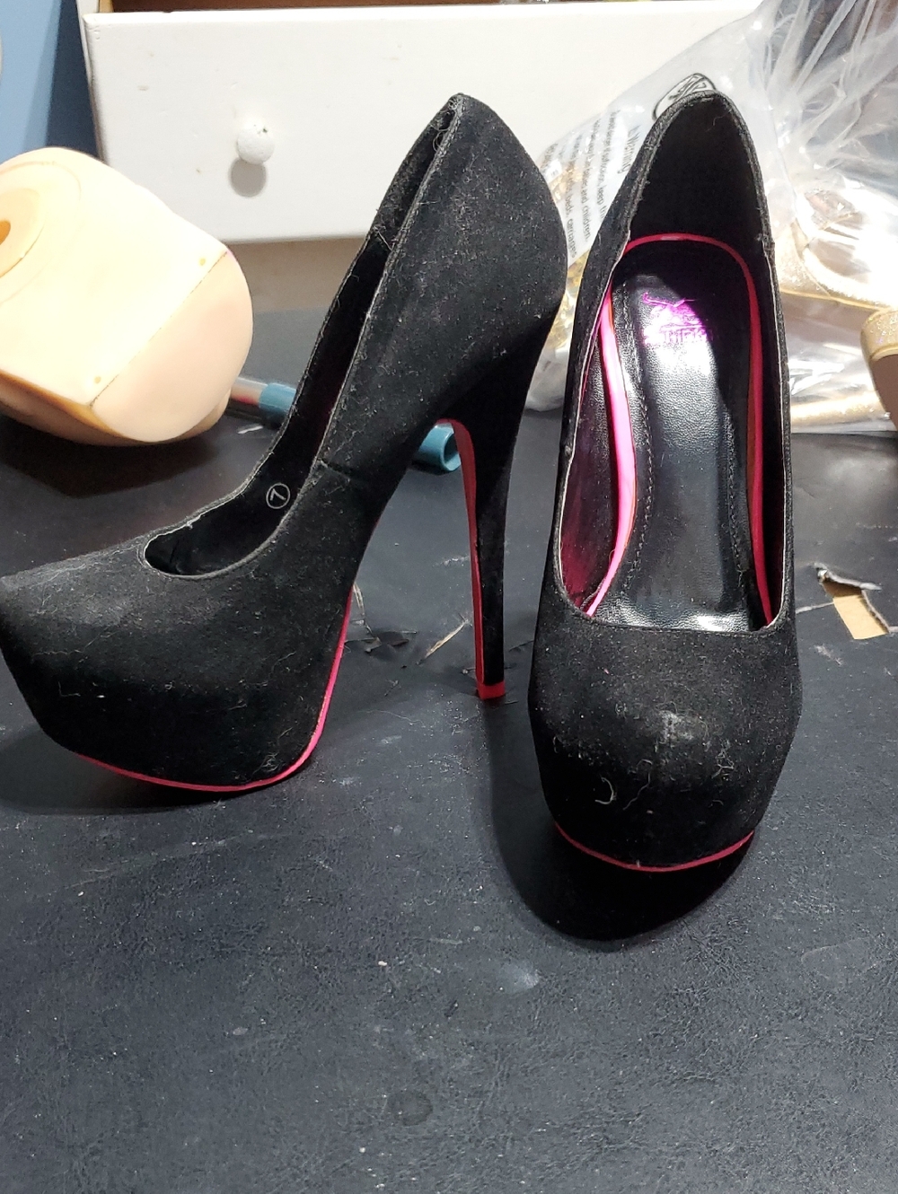 Black Suede Platform High Heels with Pink Trim These Shoes Are Brand New. Sm 7.